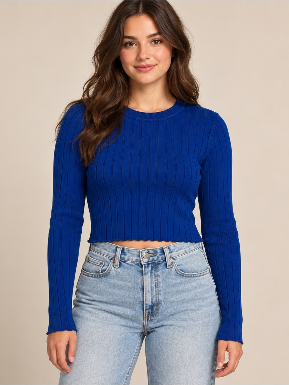 Garage Blue Ribbed Cropped Crewneck Sweater Size Large